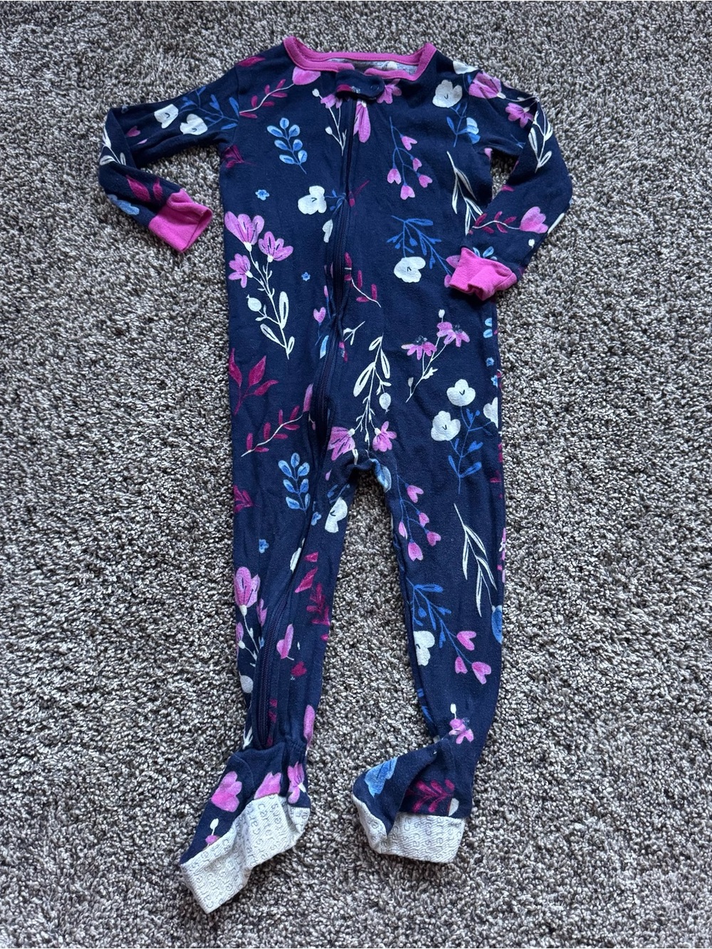 Girls Floral Navy One-Piece Pajamas with Pink Trim